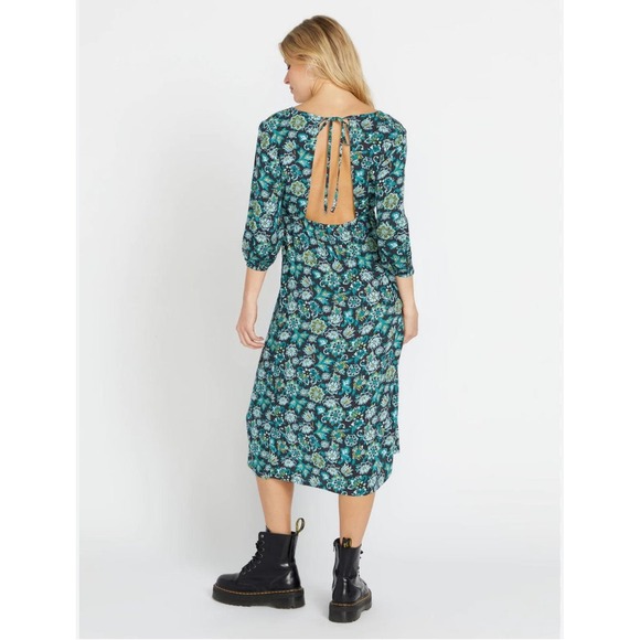 Volcom Floral Print Midi Dress‎ Open Back 3/4 Sleeve Casual Womens Small - Picture 2 of 5